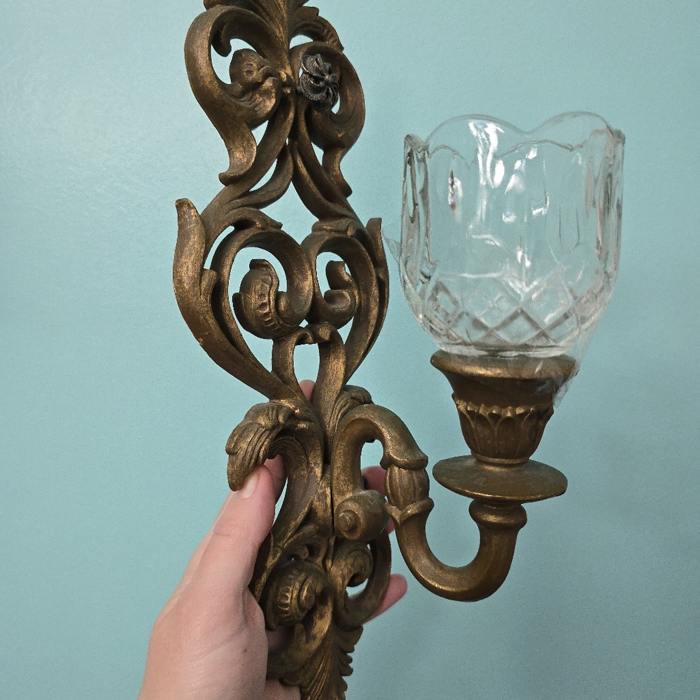 Vtg Burwood Wall Sconces 2 Ornate Gold/bronze Scroll Candle Holders w/votives - Picture 10 of 12